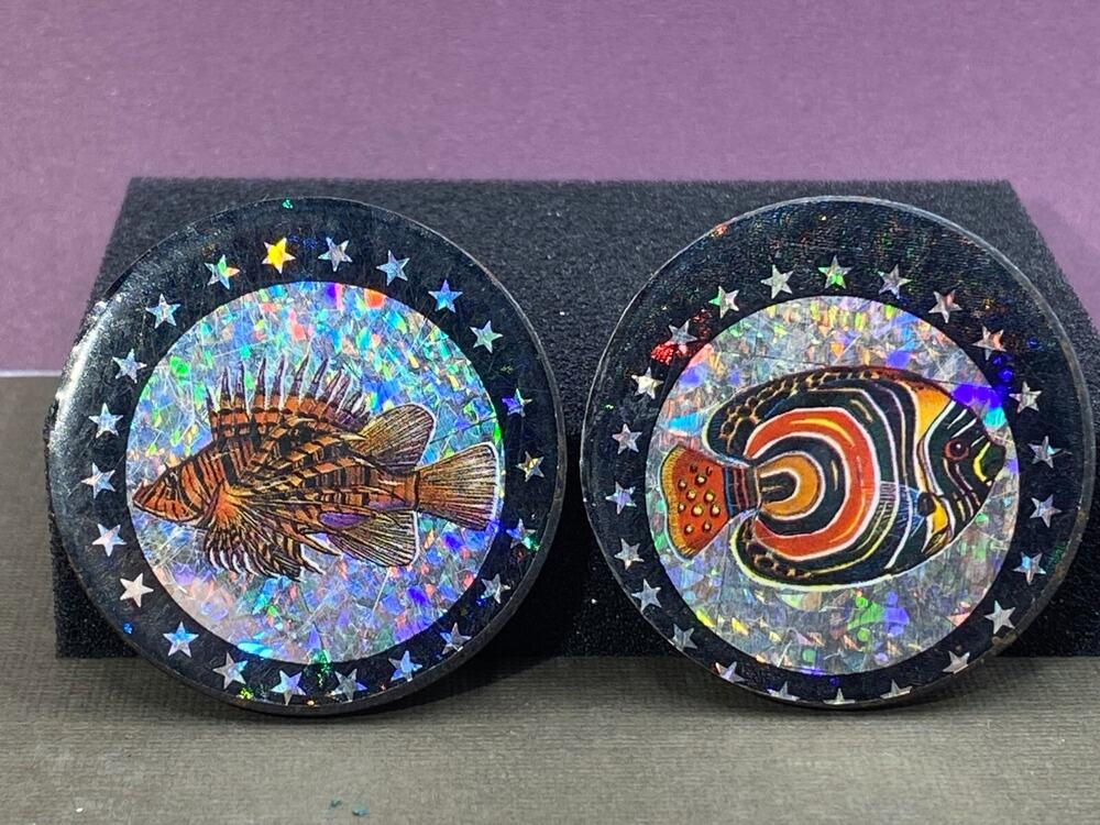 Vintage Fish Pog Metal Slammers Lot Of 2 Reflective with Black Metal Stickers